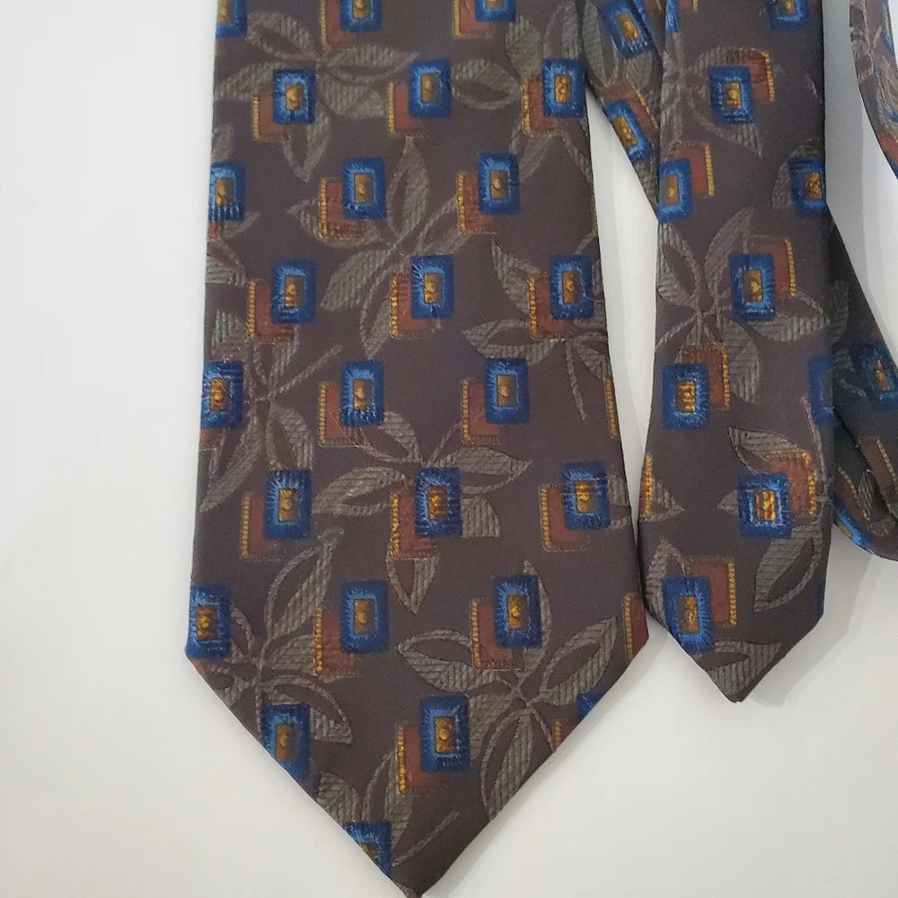 ERMINEGILDO ZEGNA Silk Wool Blend Neck Tie Leaf Geo Tan Gold Blue Green Italy